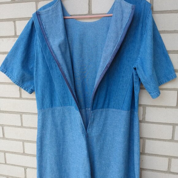 Amish Mennonite Cape Dress Plus 46"B 40"W Handmade Modest Blue Denim Prairie - Picture 7 of 8
